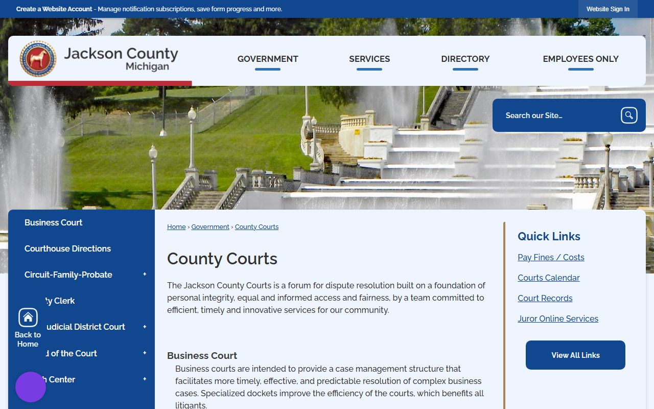 Jackson County Courts hub linking dockets, calendars, and court records