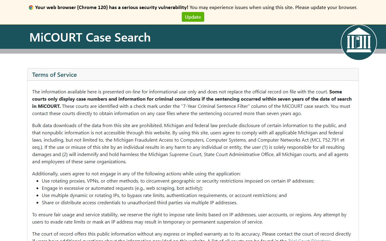 Jackson County court dockets searched through the MiCOURT case search interface