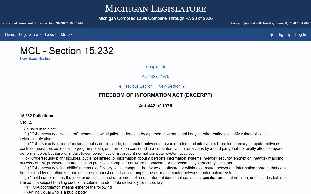 Michigan FOIA definitions excluding the judiciary from public body for Jackson County court records