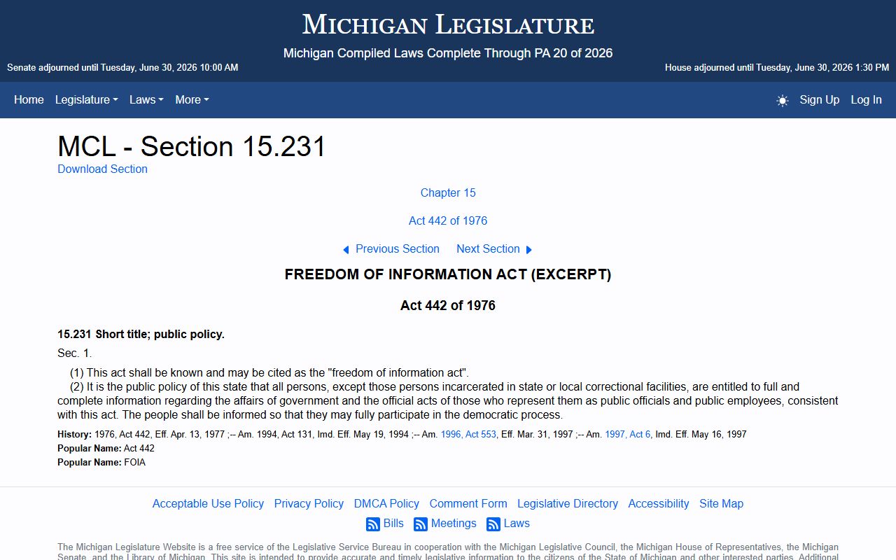 Jackson County court records and the Michigan FOIA policy statute governing sheriff records