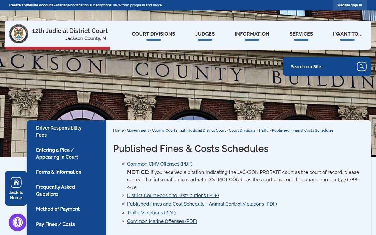 Jackson County criminal court records fines and costs schedule