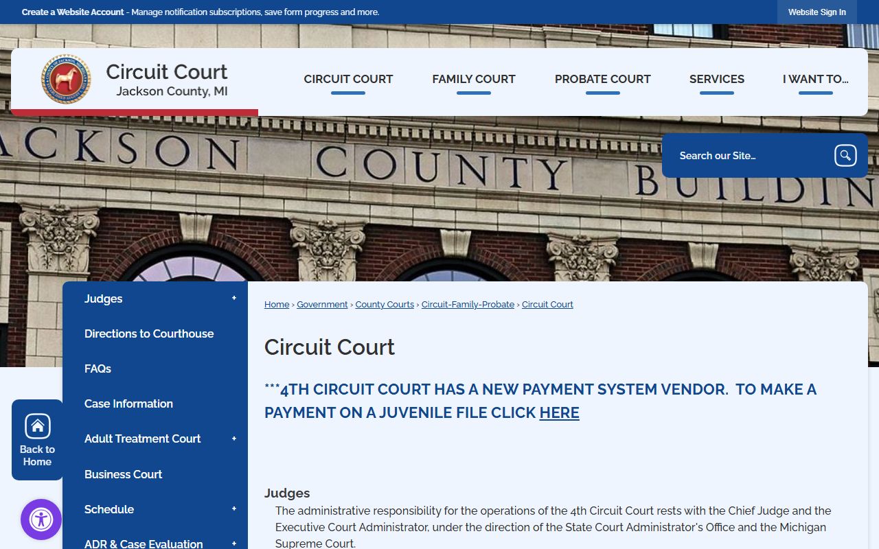 Jackson County Circuit Court page with jurisdiction and judges