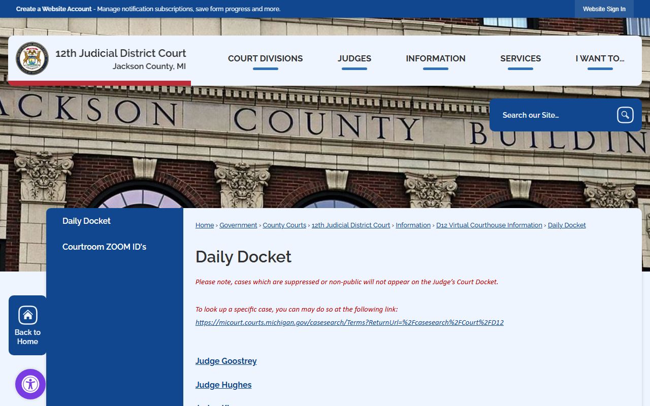 Jackson County District Court daily docket page for scheduled cases