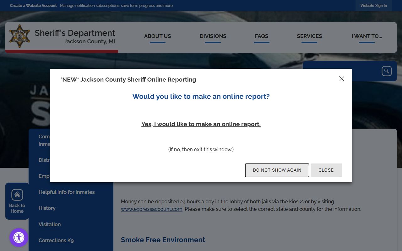 Jackson County jail commissary and inmate account information page for deposits