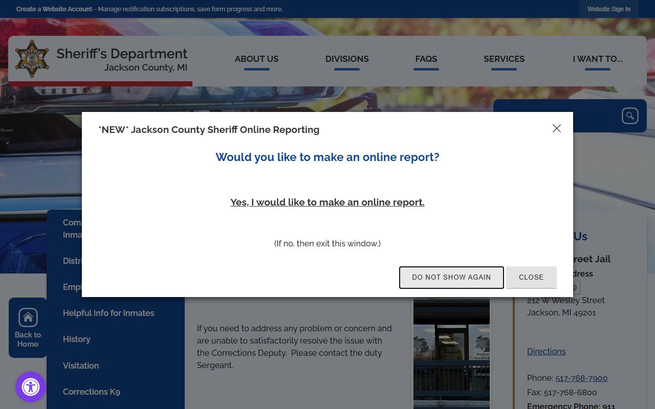 Jackson County Jail Information page listing inmate jail facility addresses and phone numbers