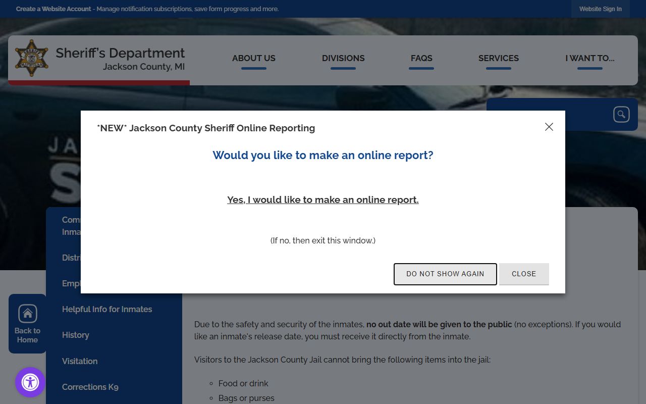 Jackson County jail visitation page with inmate video visit rules and hours