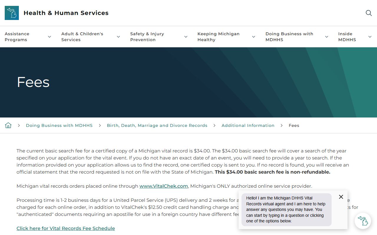 Michigan vital record fee schedule for Jackson County marriage and divorce certificates