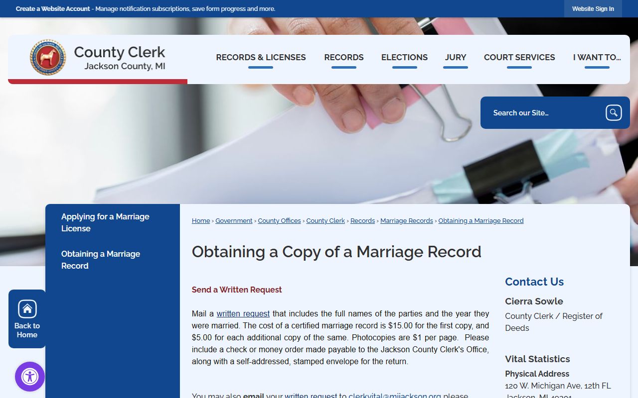 Jackson County marriage record request instructions for certified marriage records
