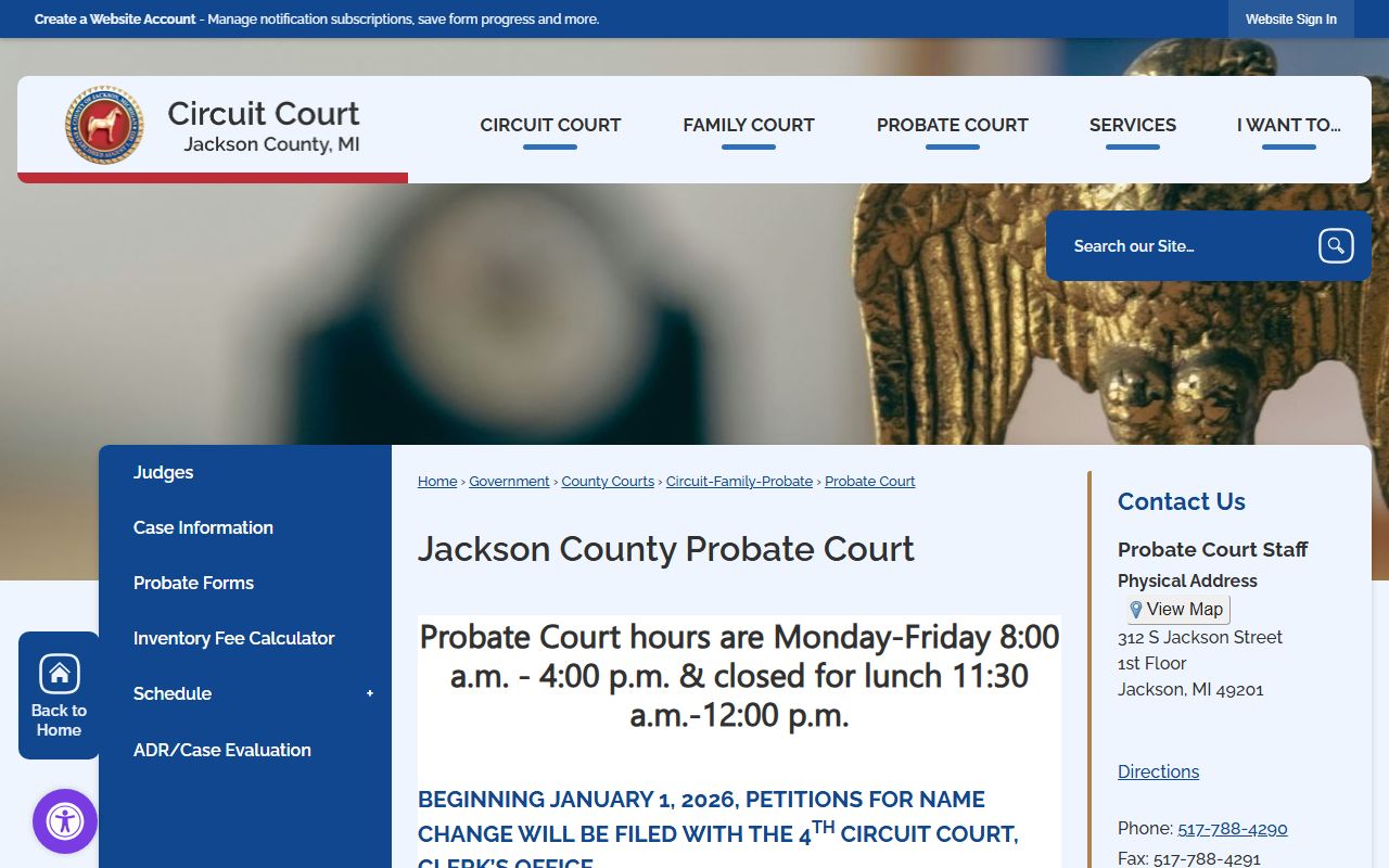 Jackson County Probate Court page for probate records, estates, and guardianships