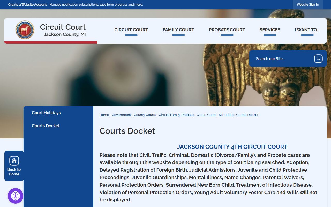Jackson County Circuit, Family, and Probate docket with online-display restrictions on probate records