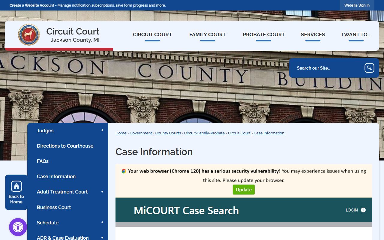 Jackson County case information page linking MiCOURT for probate records