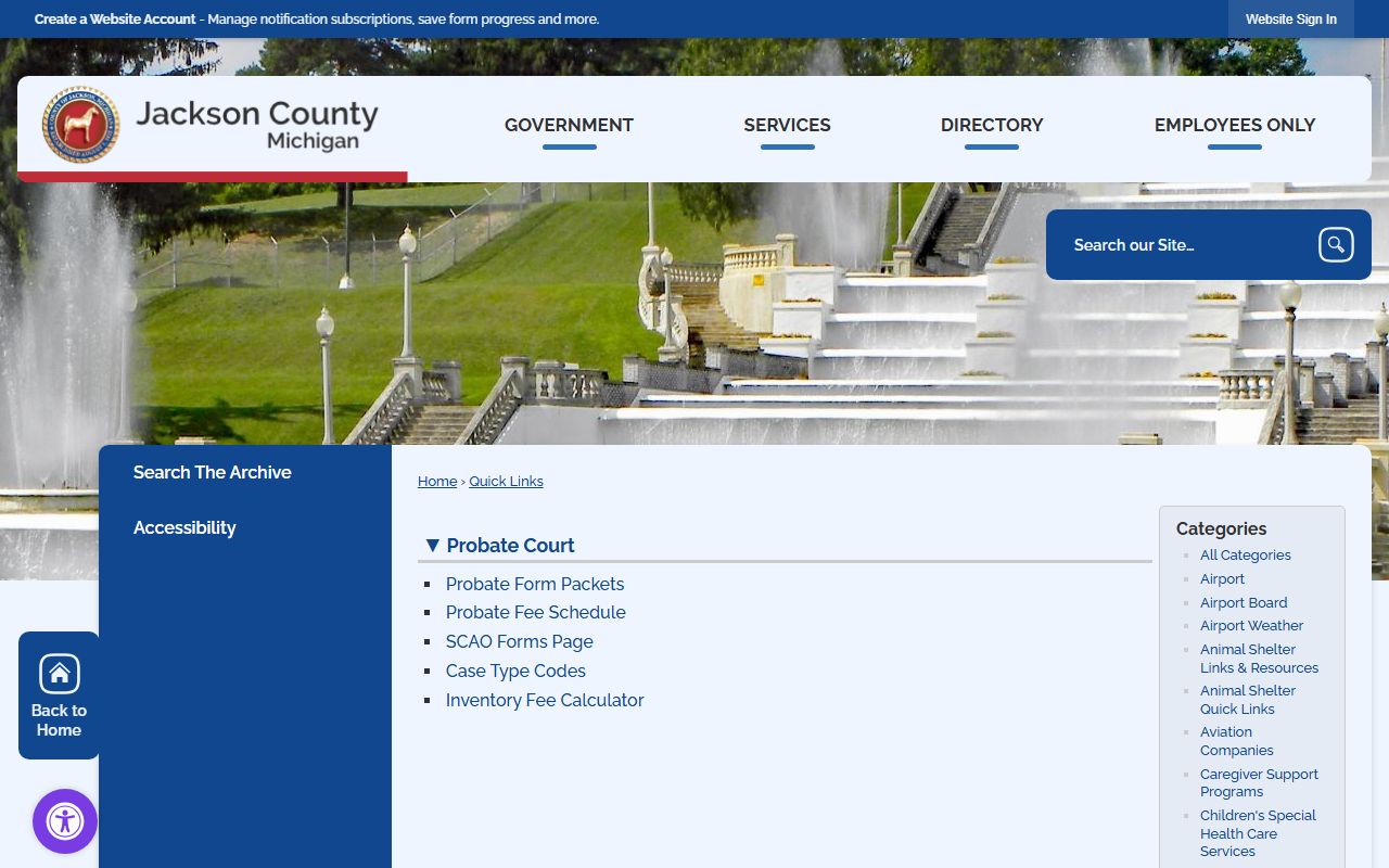 Jackson County Probate Court quick links with probate form packets and fee schedule