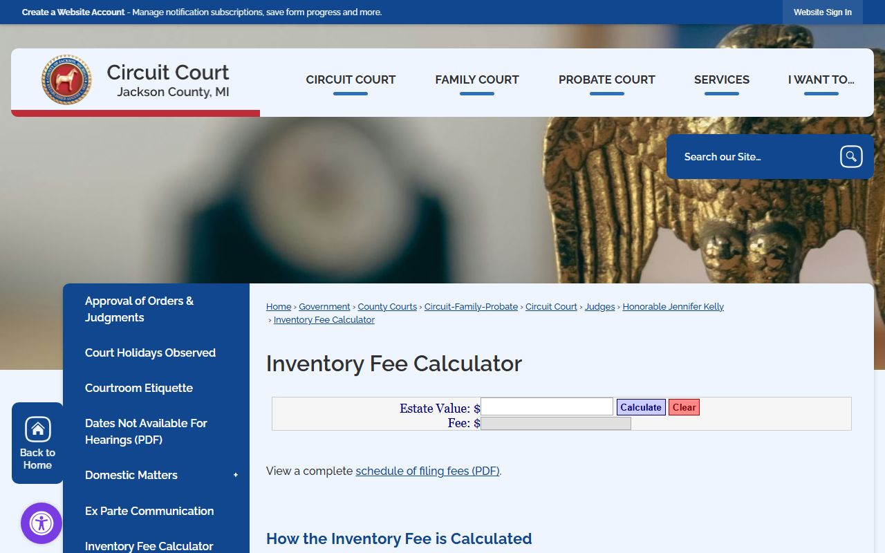Jackson County probate inventory fee calculator and fee schedule
