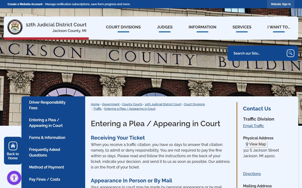 Jackson County district court page on entering a plea for traffic court records citations