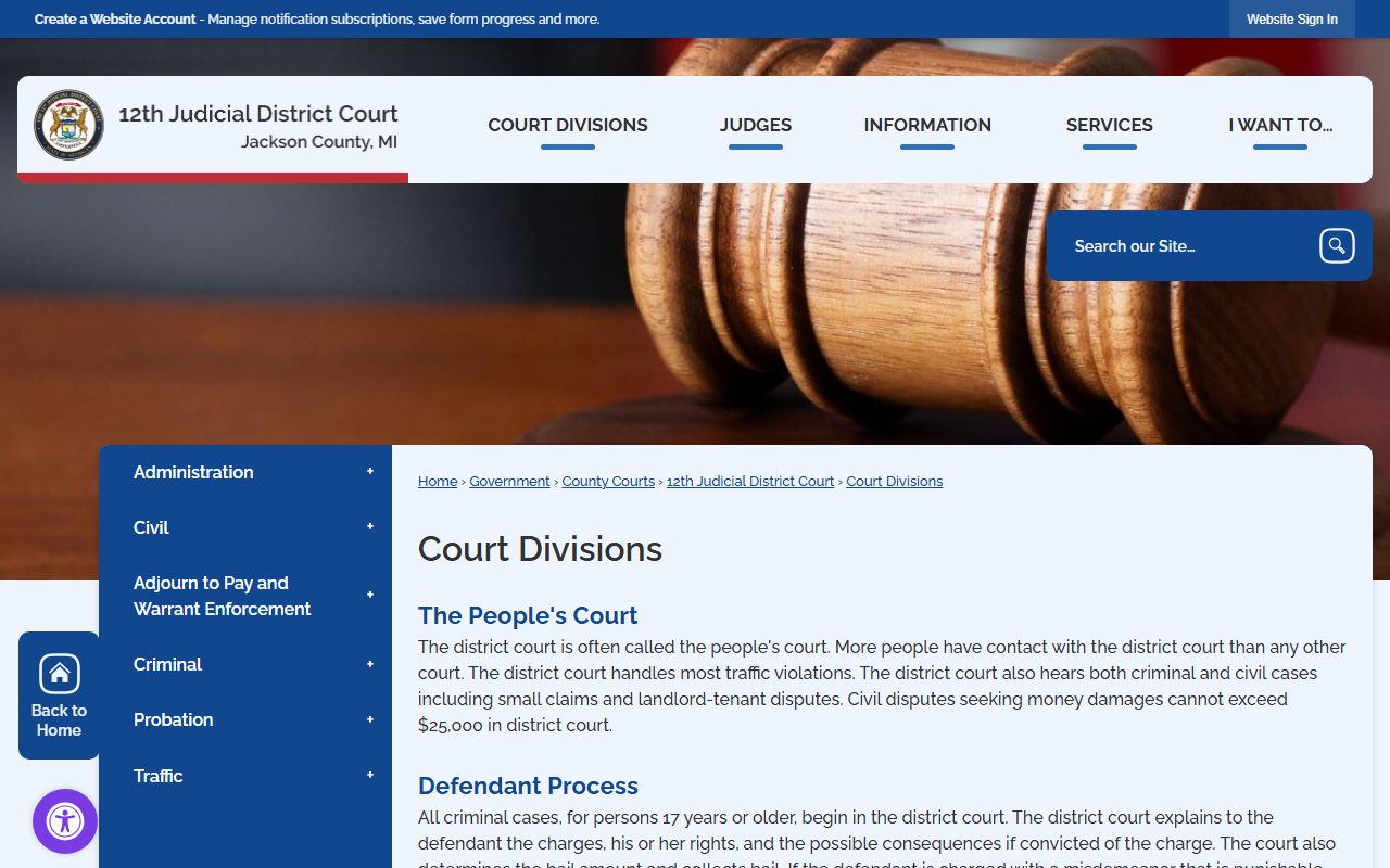 Jackson County 12th District Court divisions page covering traffic court records and case types