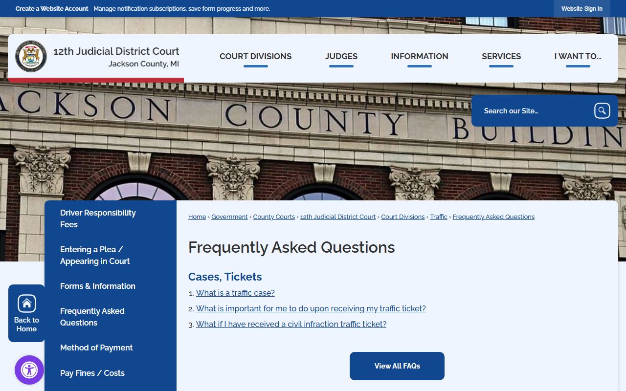 Jackson County Traffic Division FAQ page about traffic court records answers and deadlines