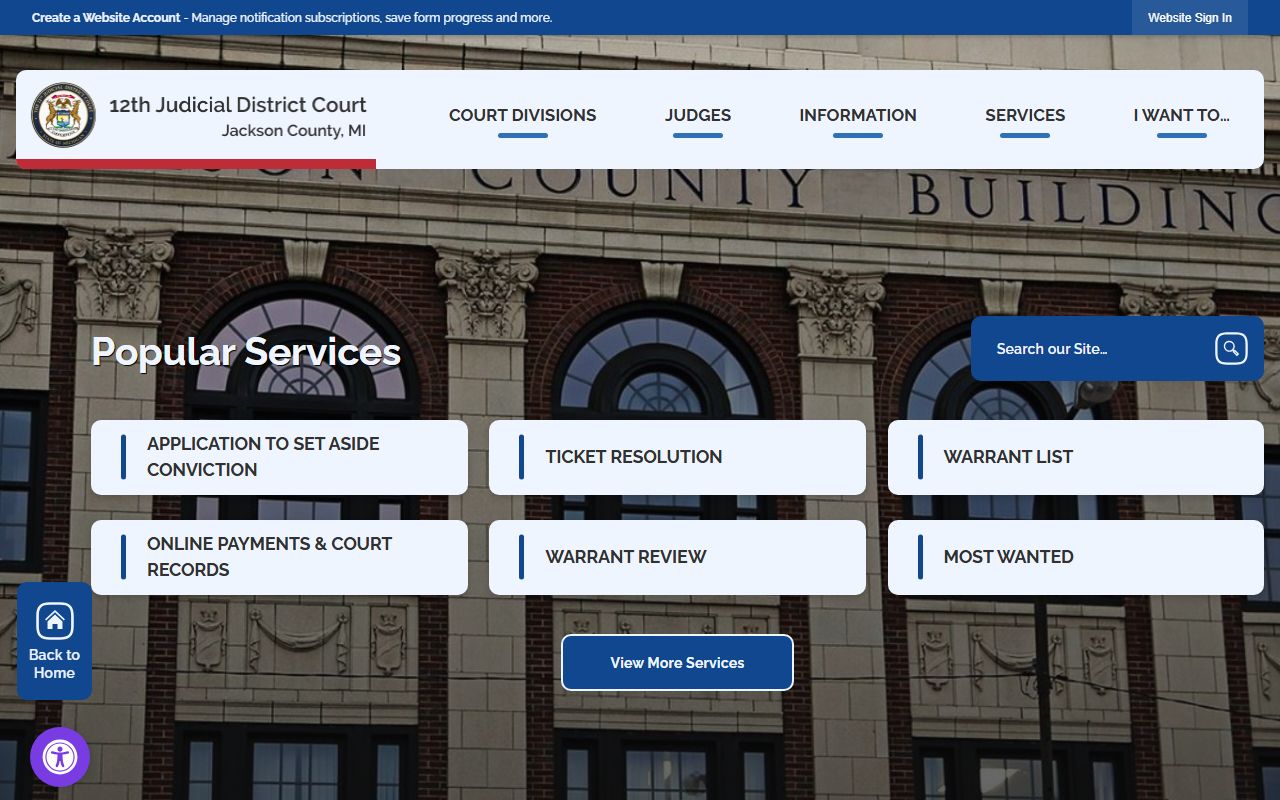 Jackson County 12th Judicial District Court page with warrant list and warrant records links