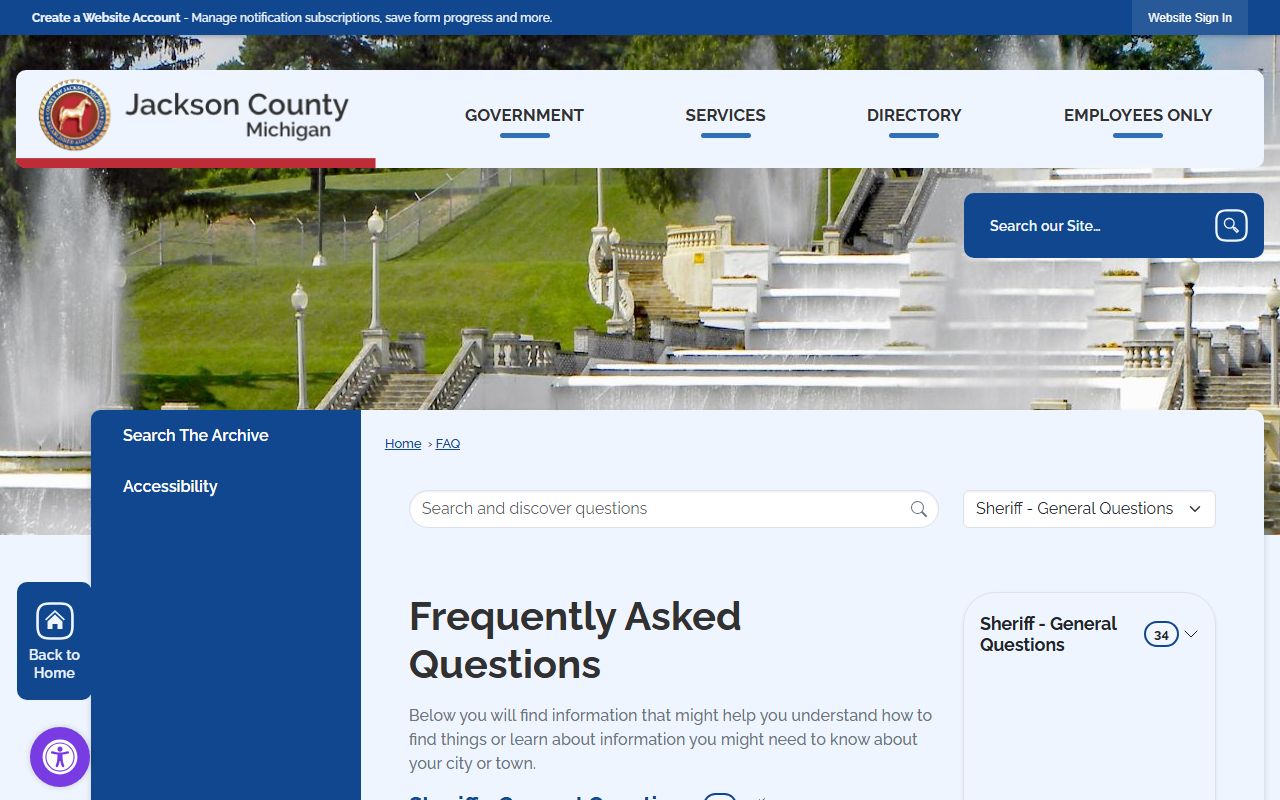 Jackson County Sheriff FAQ page covering warrant records checks and jail questions